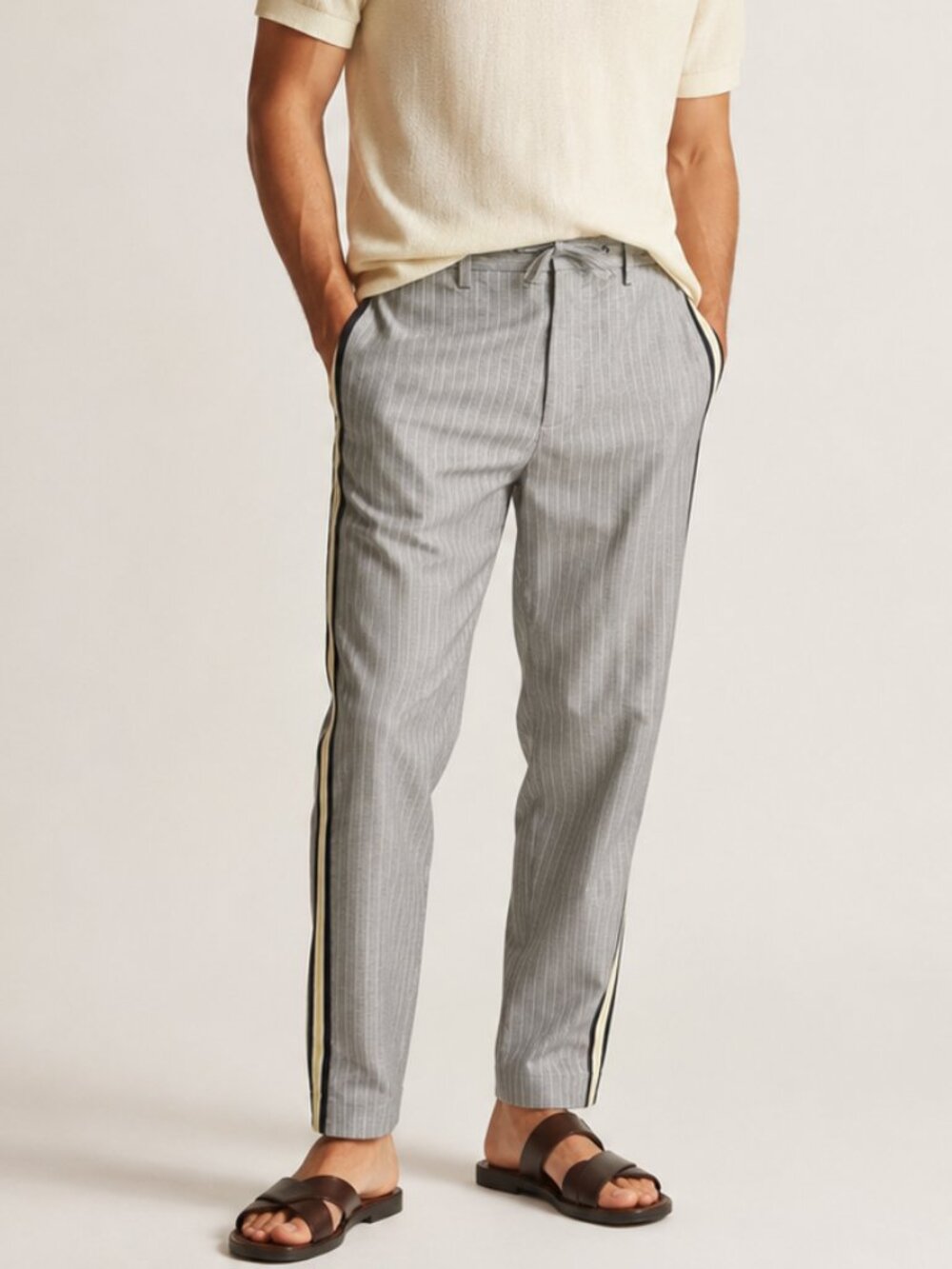 Zara Man Grey Pinstripe Preppy Jersey‎ Side Stripe Trouser Pants Size Large